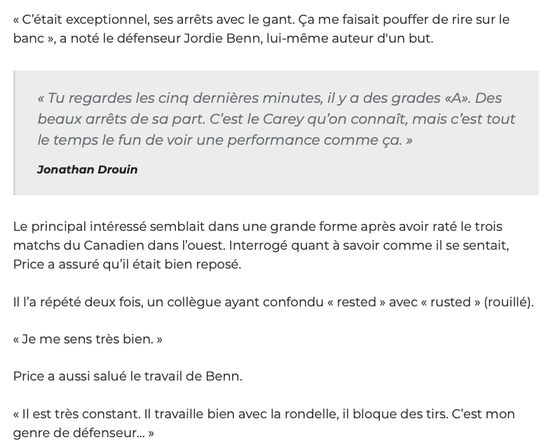 Les joueurs du CH n'en revenaient pas encore...De la performance de Carey Price....
