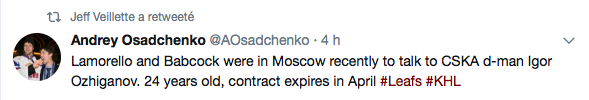 Les Leafs tentent d'aller chercher un défenseur de la KHL...