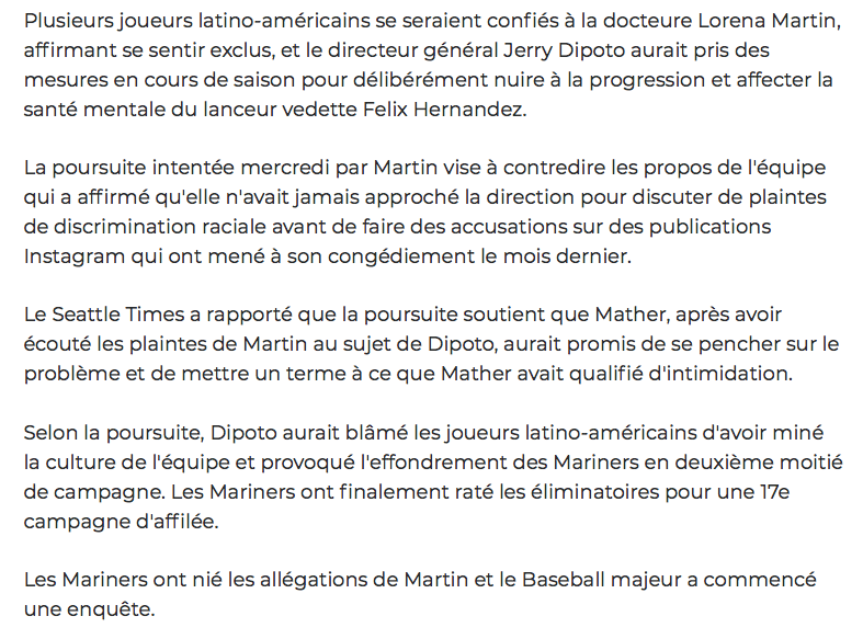 Les Mariners ACCUSÉS D'INTIMIDATION et de DISCRIMINATION....