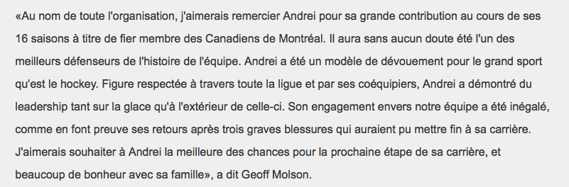  Les mots de Geoff Molson pour Andrei Markov...