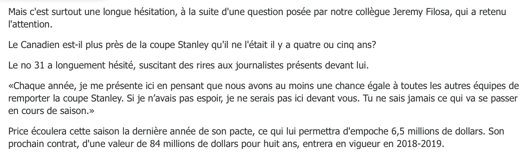 L'hésitation de Carey Price a fait tellement rire les journalistes..