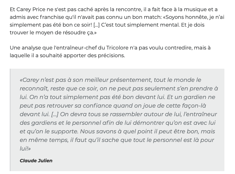 Mais Carey Price est le dernier qui est là pour ses coéquipiers..