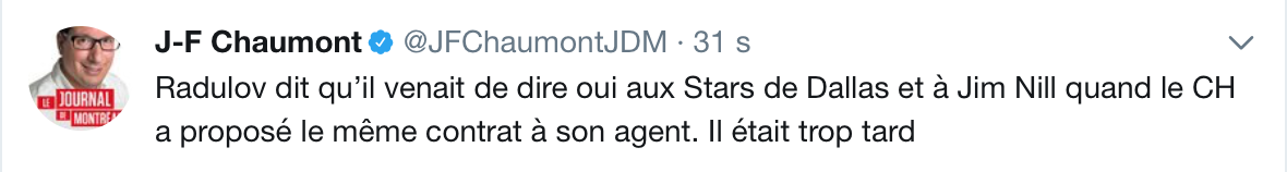 Marc Bergevin a trop niaisé et Radulov est partit...