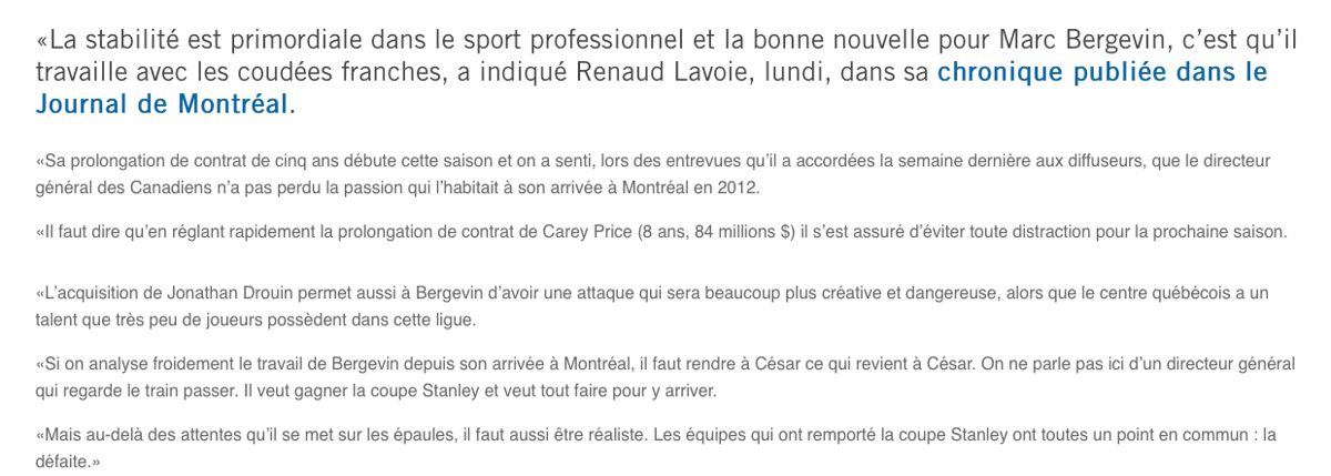 Marc Bergevin BIEN en SELLE selon Renaud Lavoie...MAIS...