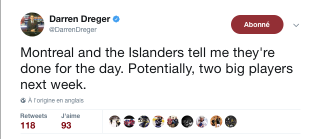 Marc Bergevin confirme à Darren Dreger qu'il a terminé sa journée...Mais qu'il va échanger Galchenyuk la semaine prochaine?????