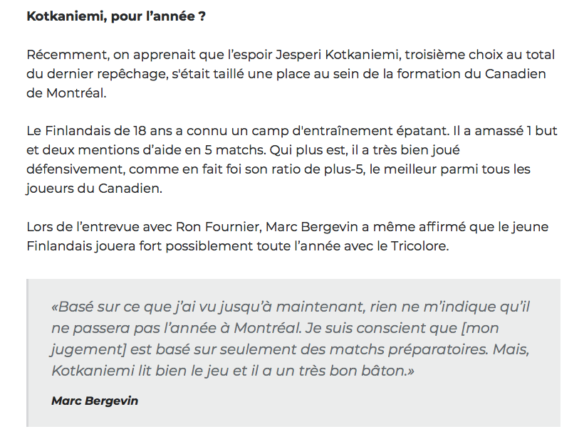 Marc Bergevin confirme...Jesperi Kotkaniemi va passer toute l'année à Montréal...