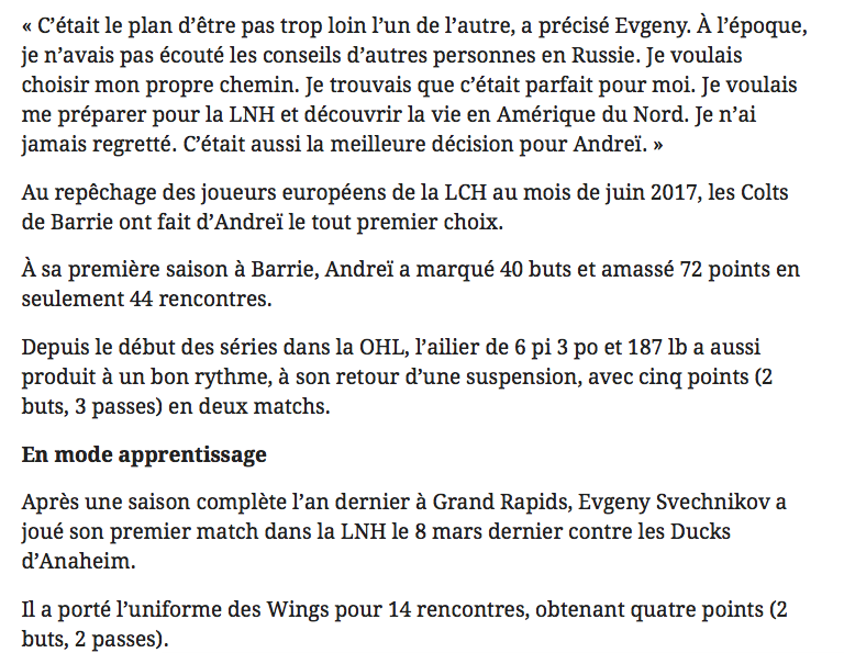 Marc Bergevin pourrait échanger Svechnikov aux Red Wings...pour que les deux frères russes soient réunis...