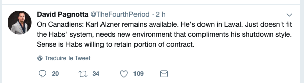 Marc Bergevin tente par tous les moyens d'échanger Karl Alzner en retenant une grosse partie du salaire...