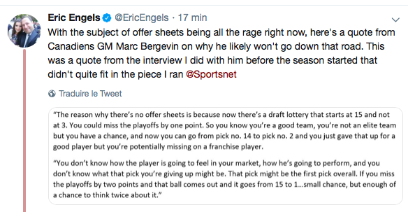 Marc Bergevin...Ne veut pas rentrer dans le jeu des OFFER SHEETS...