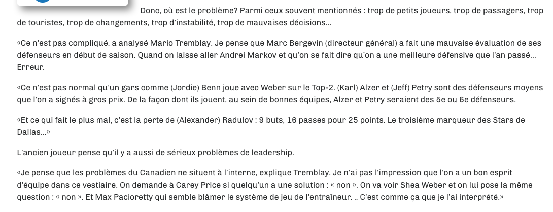 Mario Tremblay attaque Marc Bergevin....