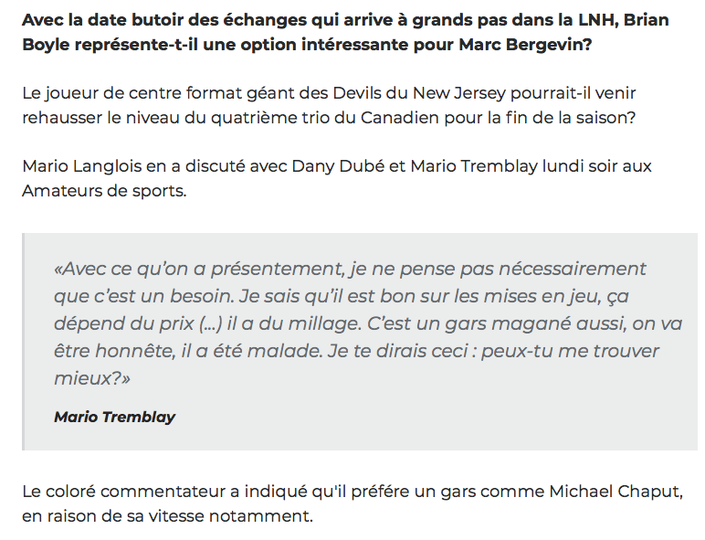 Mario Tremblay ne veut pas de Brian Boyle à Montréal....Parce qu'il a été atteint de la LEUCÉMIE????