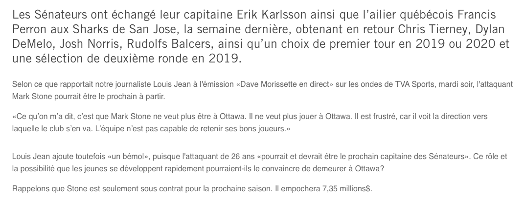 Mark Stone, ne voudrait plus rien savoir d'Ottawa...