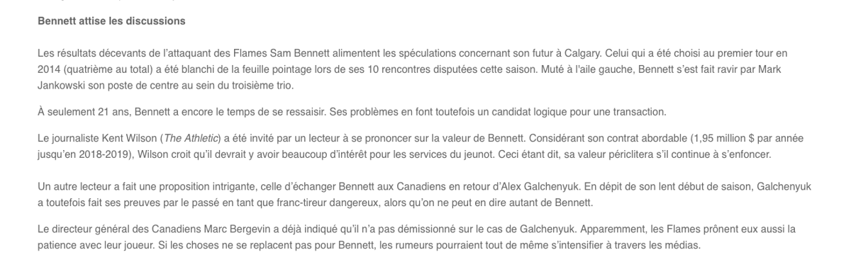 Matt Duchene à Vancouver? Sam Bennett à Montréal?