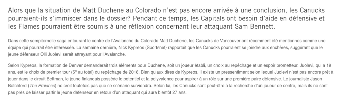 Matt Duchene à Vancouver? Sam Bennett à Montréal?