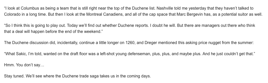 Matt Duchene va être échangé d'ici le week-end..et il nomme Montréal!!!!