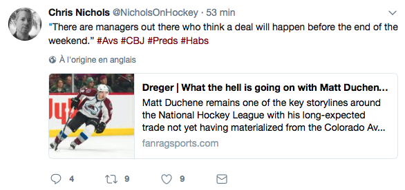 Matt Duchene va être échangé d'ici le week-end..et il nomme Montréal!!!!