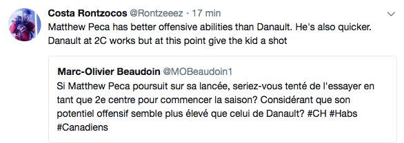 Matthew Peca est en train de passer devant Danault...