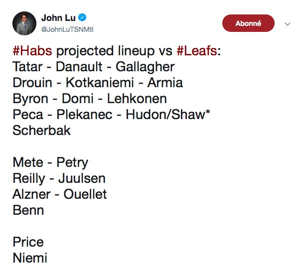 Max Domi au centre... Voici le LINE-UP du CH pour le match d'ouverture à Toronto..