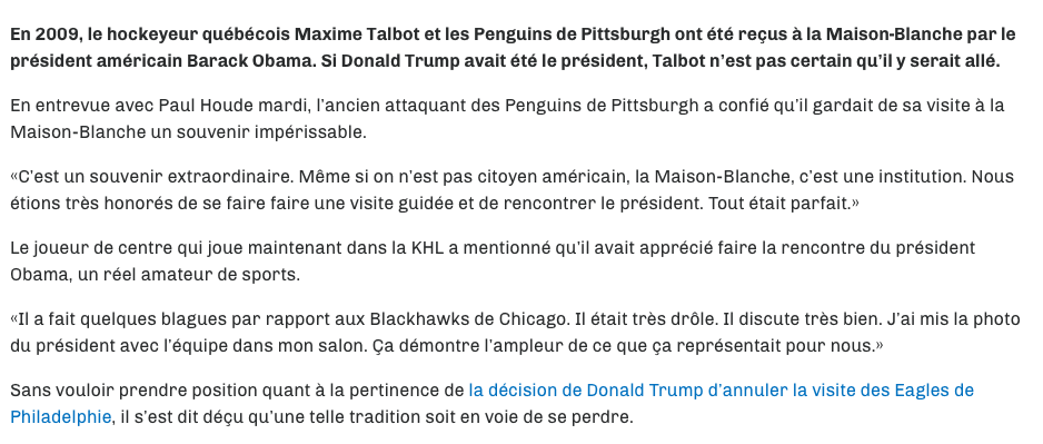 Maxime Talbot a eu la chance d'avoir Obama...