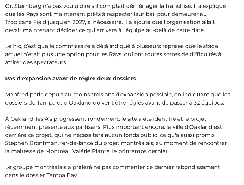 Même les experts autour de la MLB...Parle d'un déménagement des Rays vers Montréal..