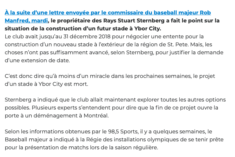 Même les experts autour de la MLB...Parle d'un déménagement des Rays vers Montréal..