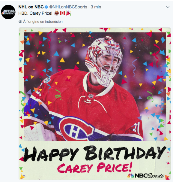 Même NBC souhaite BONNE FÊTE à Carey Price...