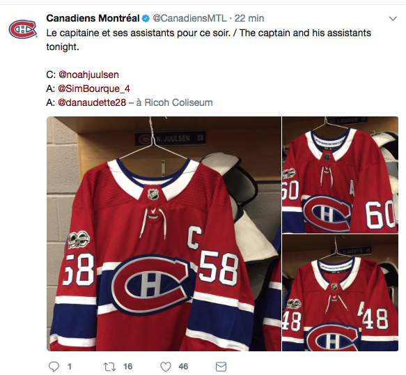 MESSAGE à Joe Sakic.. Noah Juulsen est CAPITAINE ce soir..