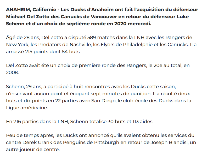 Michael del Zotto à Anaheim....Pourquoi Marc Bergevin n'a pas sauté sur l'OCCASION??????