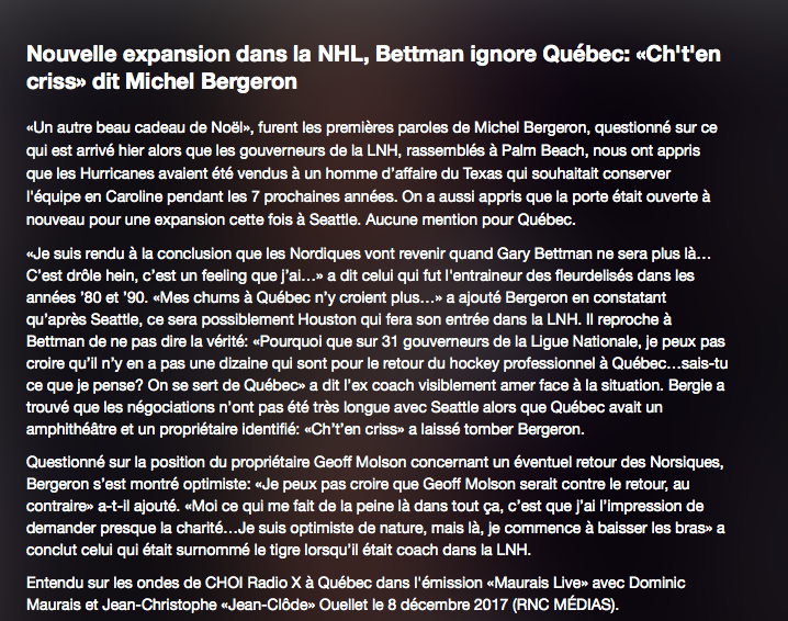 Michel Bergeron veut PÉTER LA FACE de Gary Bettman...