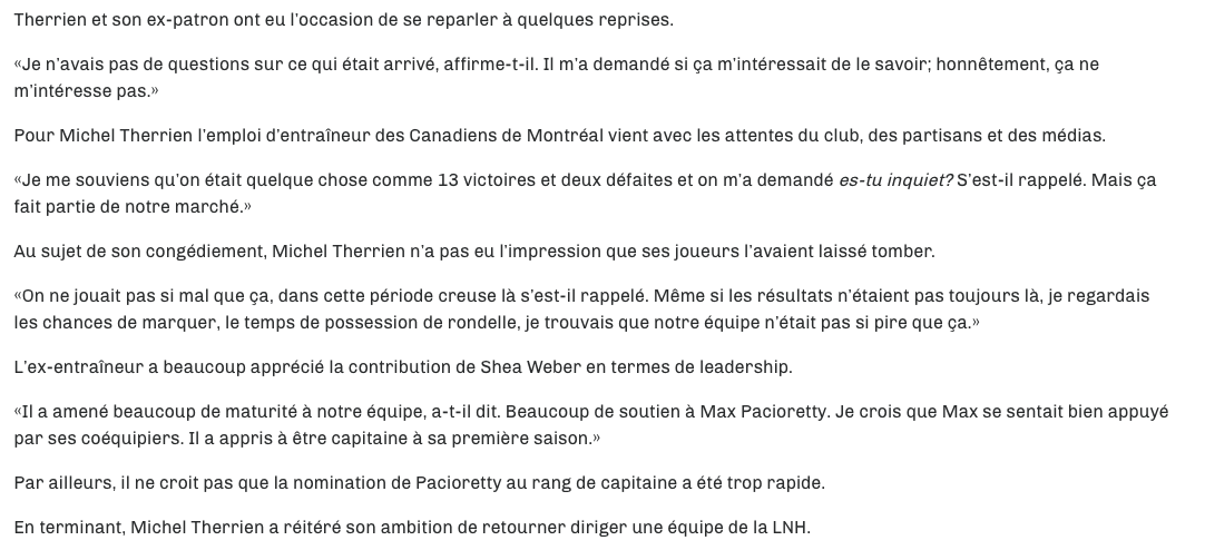 Michel Therrien ne voulait pas savoir la raison????