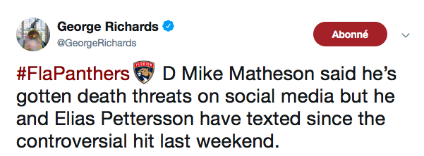 Mike Matheson reçoit des MENACES de MORT depuis sa charge vicieuse à l'endroit d'Elias Pettersson....