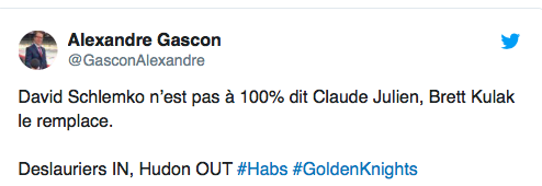 Nicolas Deslauriers prend la place de Charles Hudon dans la VITRINE...