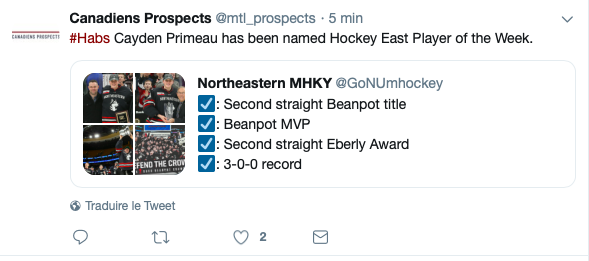 On garde Price, Weber, Petry...mais Cayden Primeau....
