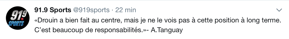 OUFF...C'est pas facile de savoir ce que Alex Tanguay pense de Drouin...