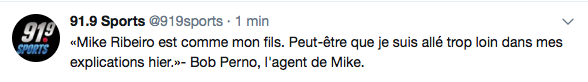 OUIN...L'agent de Mike Ribeiro se sent mal d'avoir dit tout ça....