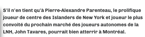  P-A Parenteau envoie John Tavares à Montréal..