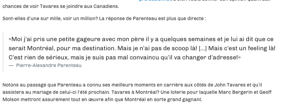  P-A Parenteau envoie John Tavares à Montréal..