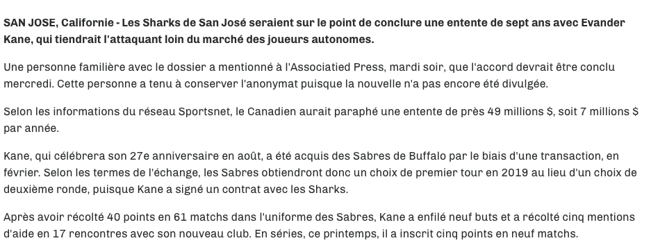 Pat Brisson veut utiliser le nouveau contrat d'Evander Kane...pour le contrat de Max Pacioretty...