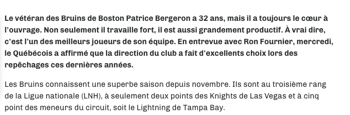 Patrice Bergeron a un MESSAGE pour Trevor Timmins...