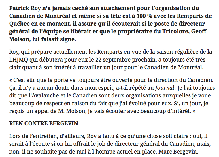 Patrick Roy, continue de dire à Geoff Molson...