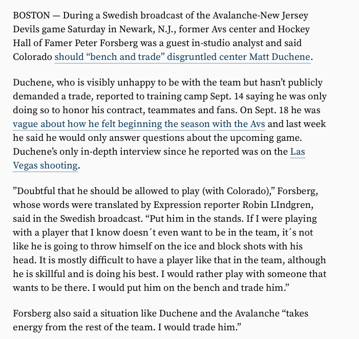 Peter Forsberg ne veut plus rien savoir de Matt Duchene..