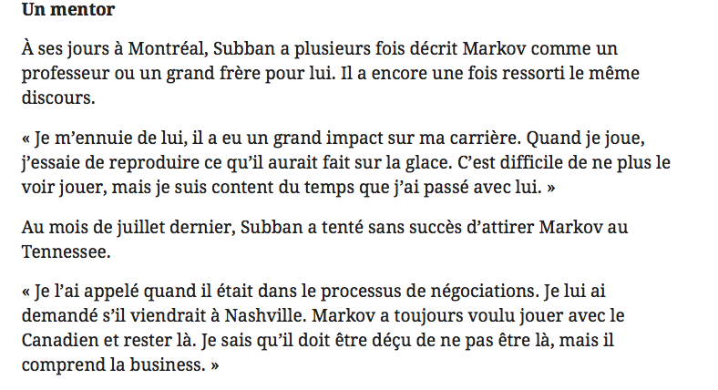 PK Subban se sert d'Andrei Markov..Pour rire de Marc Bergevin...