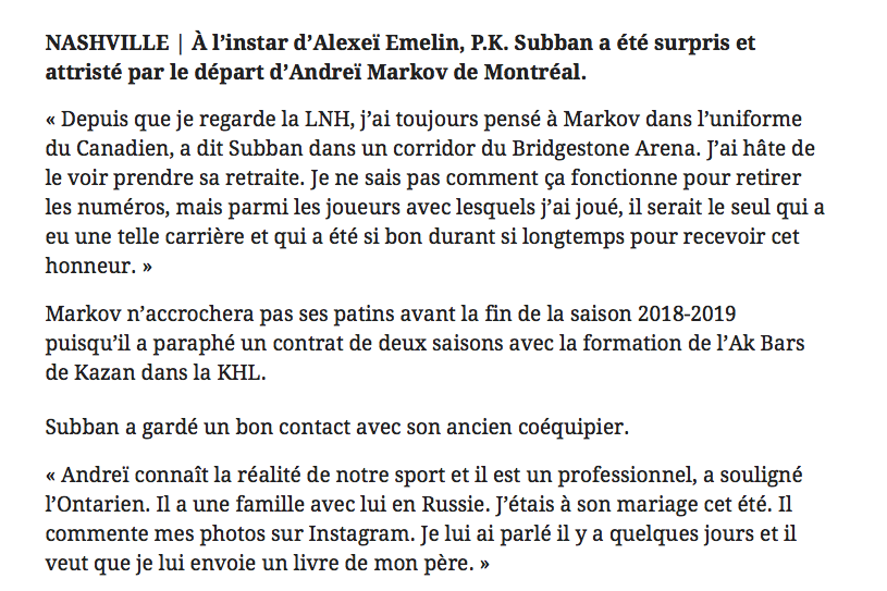 PK Subban se sert d'Andrei Markov..Pour rire de Marc Bergevin...