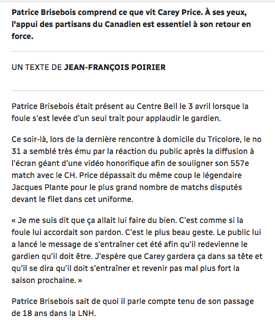 POTRICE BRISEBOIS se compare vraiment à Carey Price...