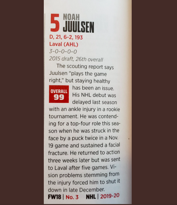 Pour avoir placé Noah Juulsen dans le TOP 100 des espoirs de la LNH.