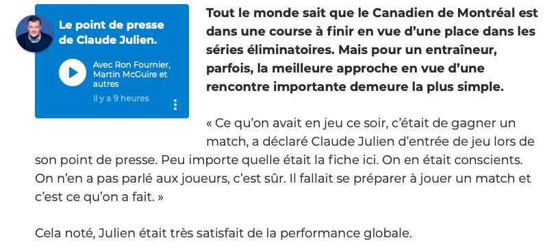 Pour une fois que Claude Julien dit quelque chose d'INTELLIGENT...