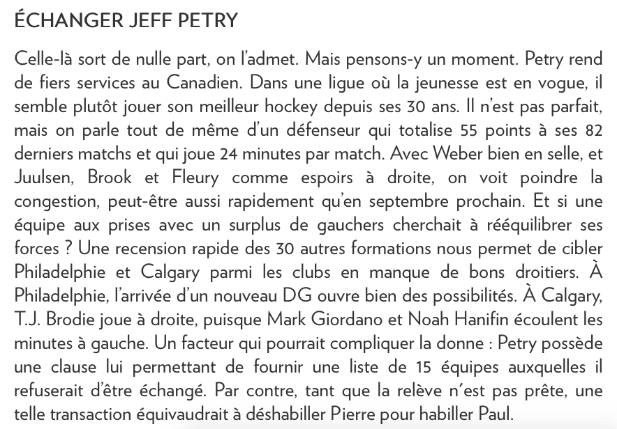 Pourquoi échanger Jeff Petry?