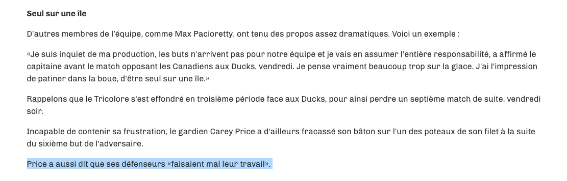 Quand Carey Price VISE ses défenseurs...