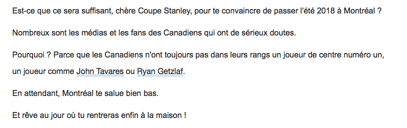 Quand t'es rendu à écrire une lettre ouverte à la Coupe Stanley...