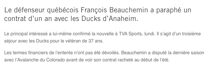 RDS est en TA contre François Beauchemin..